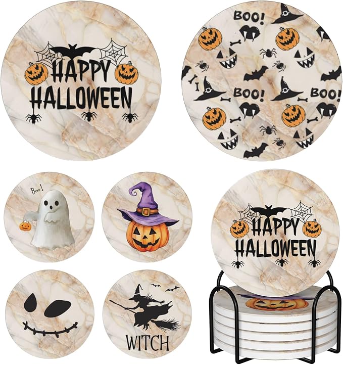 Coaster for Coffee Table Halloween Absorbent Coasters Set - Spooky, Decorative Drink Coasters for Home, Office, and Parties - 6-Pack with Holder Marble Background - skull coaster