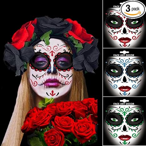 Day of the Dead Face Sticker Makeup Kit, 3 Packs Halloween Glitter Sugar Skull Roses Temporary Tattoos for Adults Women Men Kids, DIY Skull Full Face Mask Stickers for Halloween Party Cosplay Supplies - sugar skull makeup