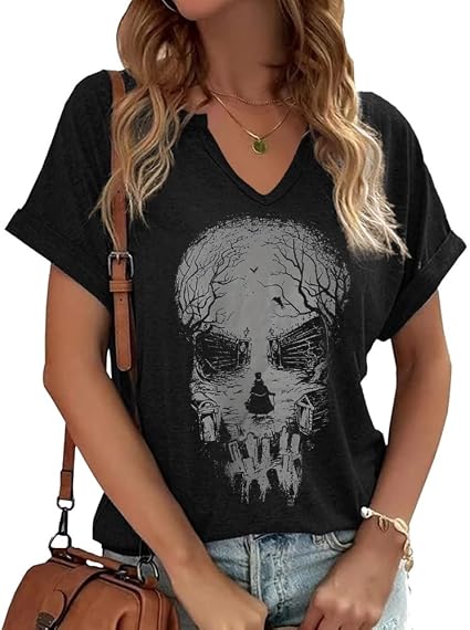 TIXOM Womens Fall Halloween Thanksgiving V Neck Shirt Holiday Funny Family Matching Graphic Tee Casual Autumn Tops - skull tshirt