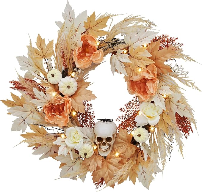 GarveeHome 22 in Halloween Skull Wreaths for Front Door, Fall Maple Leaves Wreath with Lights White Pumpkins Roses, Halloween Decorations for Porch Window Indoor Outdoor Decor