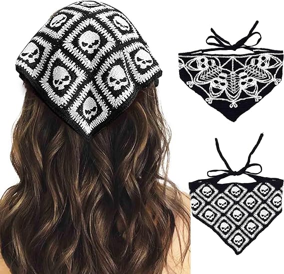 Acenail Black Skull Headbands Crochet Bandanas Headband Web Gothic Head Scarf Halloween Hair Accessories for Women 2Pcs - skull headband