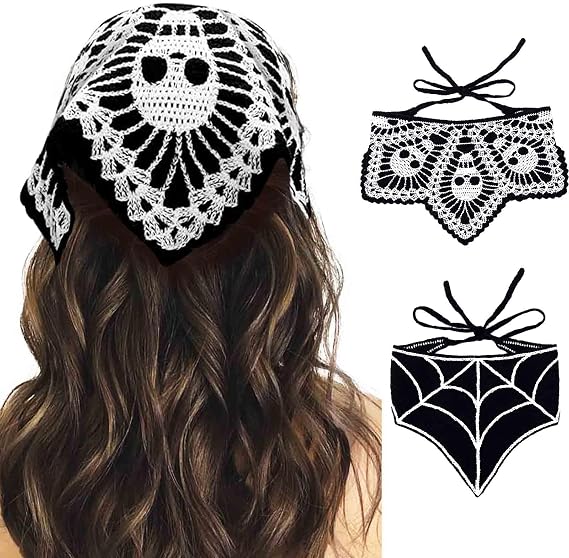 Acenail Black Skull Headbands Crochet Bandanas Headband Web Gothic Head Scarf Halloween Hair Accessories for Women 2Pcs