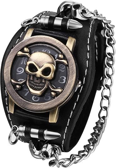JewelryWe Wide Leather Cuff Watch: Men Women Rock Collection Punk Skull Wristwatch Cuff Band - skull watch