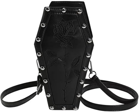 Womens Novelty Coffin Shape Shoulder Bag Halloween Vintage Gothic Embroidery Rose Crossbody Bag Alt Emo Small Purse (Black)