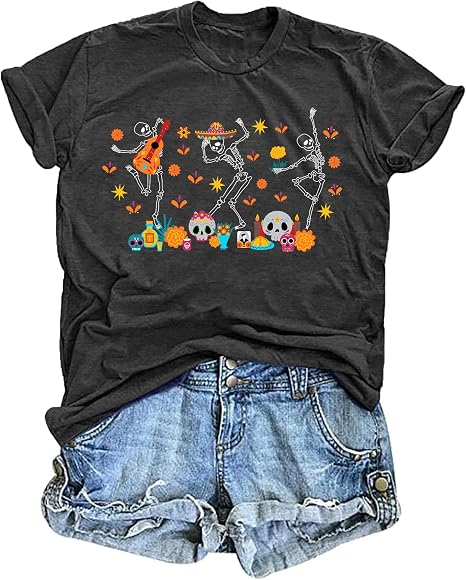 Dia De Los Muertos Shirt Women Dancing Skeleton Halloween Short Sleeve Tops - skull tshirt