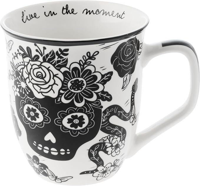 Karma Gifts, 14 oz Black and White Boho Mug, Cute Coffee and Tea Mug, Ceramic Coffee Mugs for Women and Men, Sugar Skull New - skull figurine