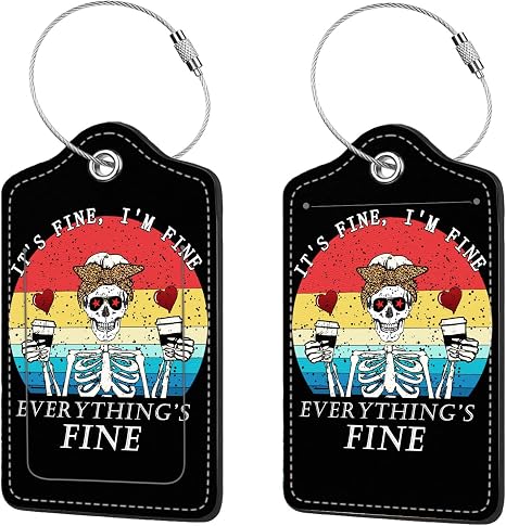 2 Pcs Luggage Tags for Suitcase, Cute Unique PU Leather Travel Bag Tag with Privacy Cover ID Label Address Card and Durable Metal Ring Suitable for Men Women Children Backpack,Human Skull - skull suitcase