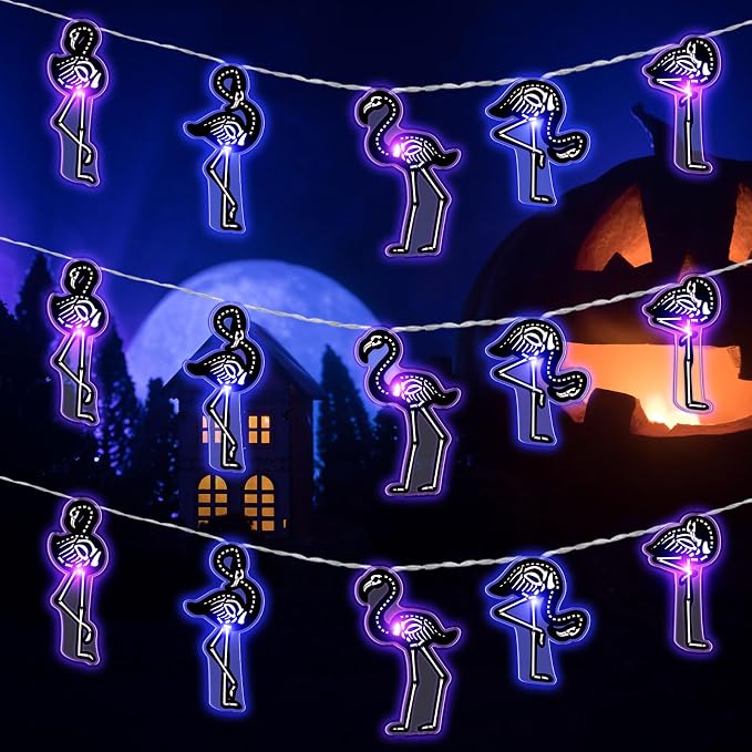 Ganeen 10ft Halloween Sugar Skull Flamingo LED String Light Battery Operate - string light