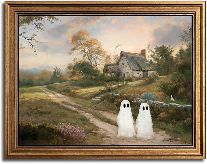 Wemandh Framed Halloween Decorations Fall Decor Wall Art, Rustic Landscape Wall Decor, Cute Ghost Decor Wall Art, Aesthetic Halloween Wall Decor (9.5”x12”)