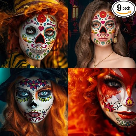 Kotbs Day of the Dead Skeleton Face Tattoos, 9-Pack Sugar Skull Kit - skull sticker