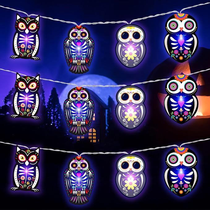 Ganeen 10 ft Halloween Sugar Skull Owl LED String Lights Battery Operated - string light