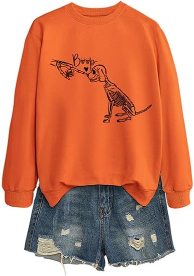Cute Skeleton Dog Sweatshirt Women Funny Skull Graphic Halloween Thrilling Crewneck Casual Long Sleeve Pullover - skull sweatshirts
