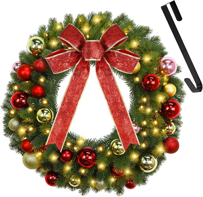 Juegoal 21 Inch Pre-Lit Christmas Wreath with Metal Hanger, Lighted Xmas Folded Wreath with 60 LED Lights, Red Bow and Colorful Balls, Battery Operated & Timer for Outdoor Home Window Wall Front Door - skull wreath