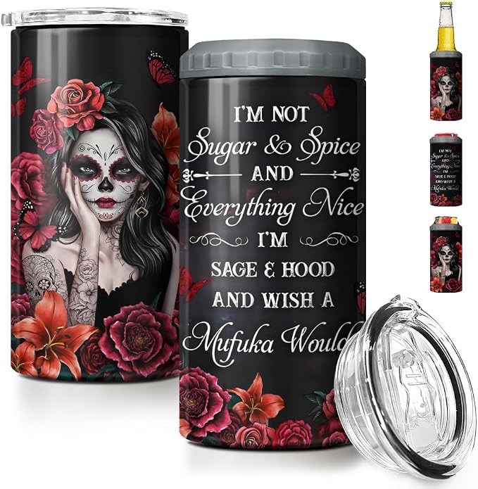SANDJEST Sugar Skull Tumbler Sugar And Spice 4 in 1 12oz Tumbler Can Cooler Coozie Skinny Stainless Steel Tumbler Gift for Women Girl Friends Christmas Birthday Halloween - skull backpack