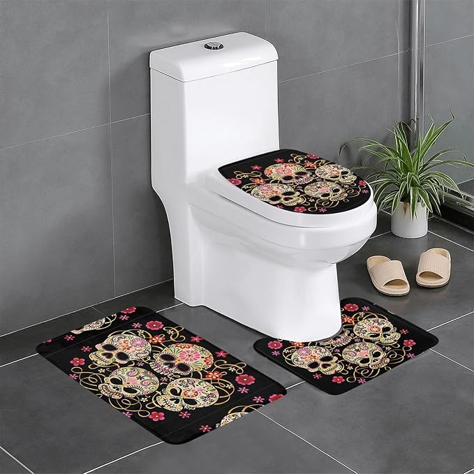 Day of The Dead Skull Bathroom Rugs Sets 3 Piece, Non-Slip Flannel Bath Mats for Bathroom, Washable Bath Carpet, Absorbent Bathroom Mats with Toilet Rug - skull toilet mat