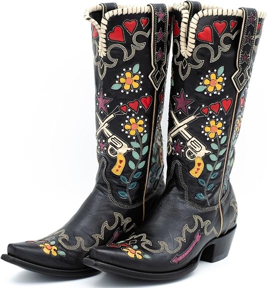 Women's Swallow Floral Embroidered Cowgirl Boots - Chunky Low Heels - Handmade Rivets - Western Cowboy Knee High Boots - Pull On - Blue, Black, Green - Patchwork - Wide Calf - sugar skull boots