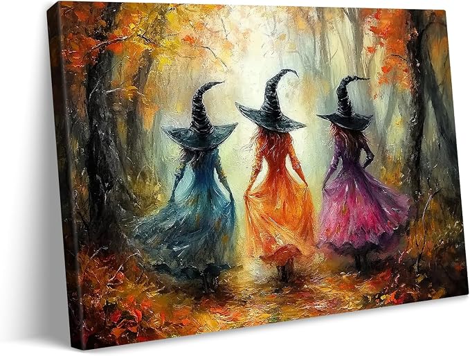 vandlife Retro Witches Gathering Canvas Wall Art Three Witches in Colorful Wizard Robes Walking in The Autumn Forest Horror Gothic Themed Artwork Prints for Halloween Home Decor 24x16in - skull painting