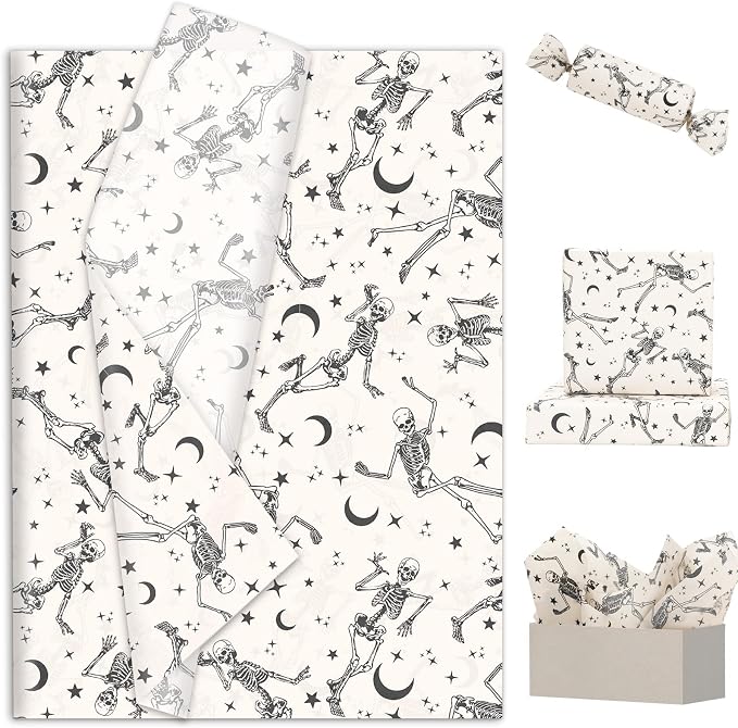 Whaline 100 Sheets Halloween Tissue Paper Dancing Skeleton Gift Wrapping Paper Decorative Art Paper for Home Party DIY Crafts Supplies, 14 x 20 Inch - skull toilet paper