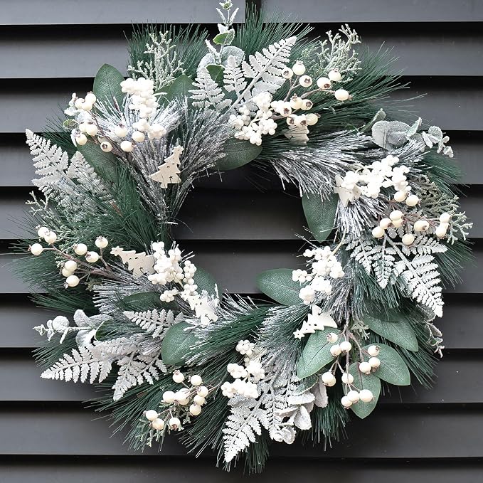 Winter Wreaths for Front Door 24 Inch Artificial Christmas Wreath Decorated with White Berries,Outdoor Winter Door Wreath Green Eucalyptus Wreath for Farmhouse Home Porch Wall - skull wreath
