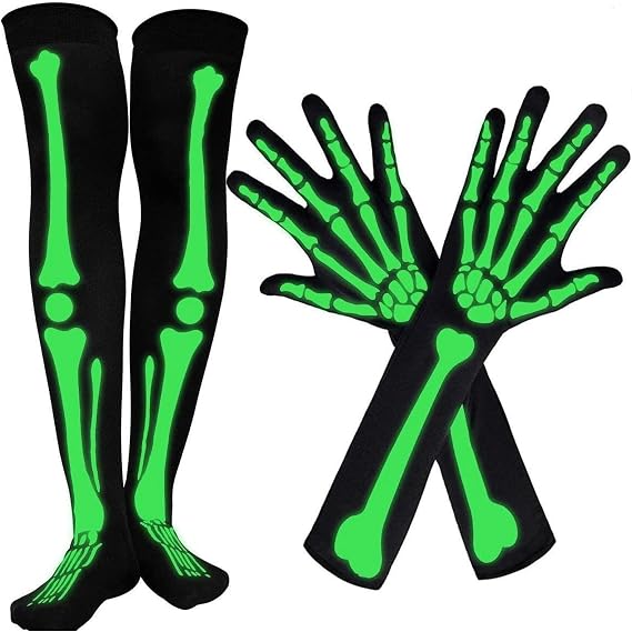 Halloween Skull Gloves Skeleton Stockings For Party Cosplay Costume Decoration Gloves Stockings glows in the dark - sugar skull costume