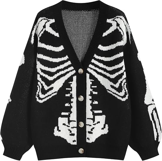 ZAFUL Women's Striped Cardigan Button Up Open Front Knit Oversized Sweater - skull jacket
