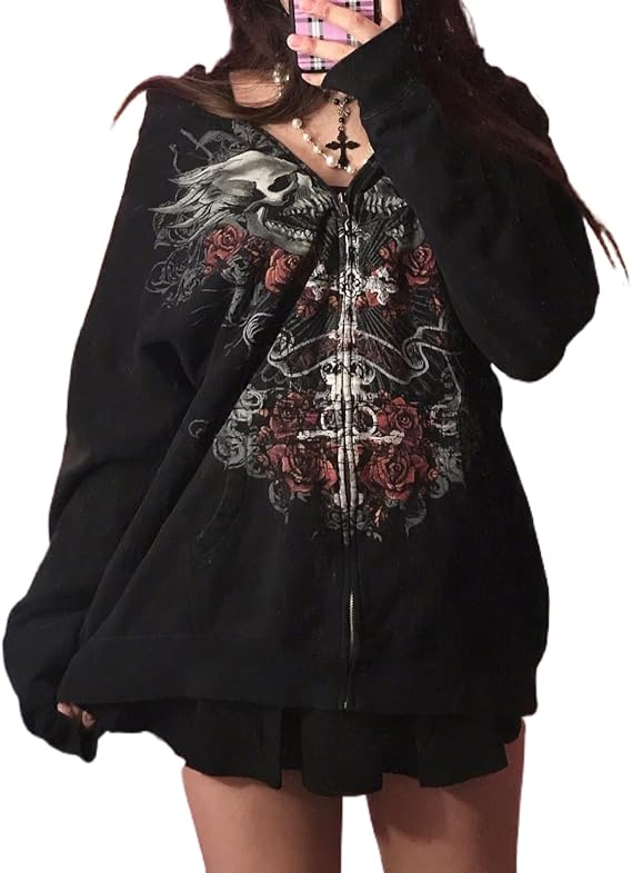 Women’s Y2k Grunge Skull Graphic Zip Up Hoodies Emo Goth Skeleton Jacket