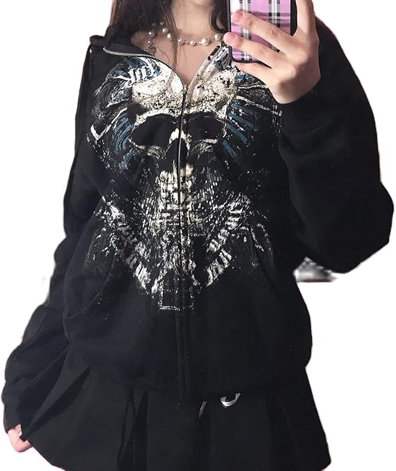 Women's Y2k Grunge Skull Graphic Zip Up Hoodies Emo Goth Skeleton Jacket - skull jacket
