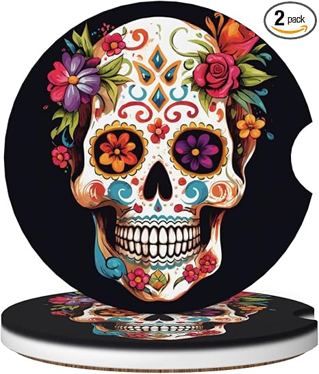 2pcs Car Coaster Sugar Skull Floral Absorbent Car Coaster Absorbent Drink Coaster for Car Decor Auto Accessories - skull coaster