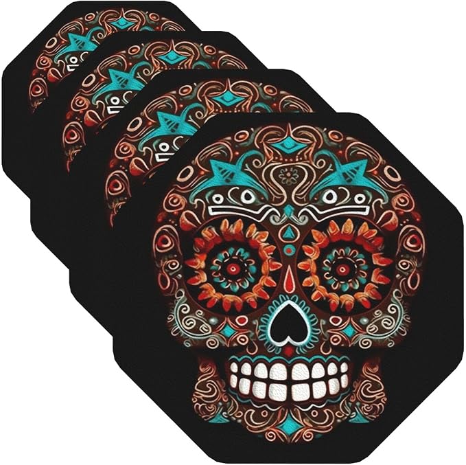 Sugar Skulls Day of the Dead Coasters for Drinks Set of 4 Non-slip Leather Coaster Heat Resistant Drink Coaster for Tabletop Protection Absorbent Cup Mat for Coffee Table Decor Octagon - skull coaster