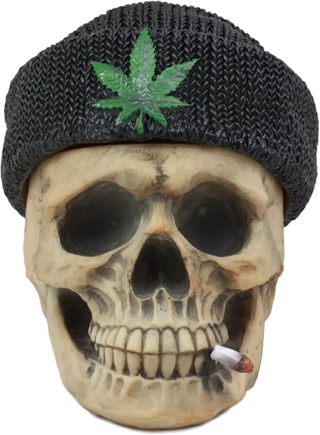 Ebros Gift Day of The Dead Ossuary Smoking Human Skull With Green Leaf Beanie Hat Ashtray Jewelry Box Figurine Skeleton Cranium Trinket Stash Box 6.5″Long Or As Cigarette Ashtray
