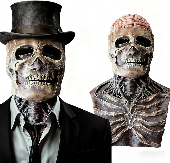 FLOWERTEEN Skeleton Halloween Scary Latex Mask with Moving Jaw Realistic Full Head Skull Mask Party Cosplay (Without Hat) - sugar skull costume