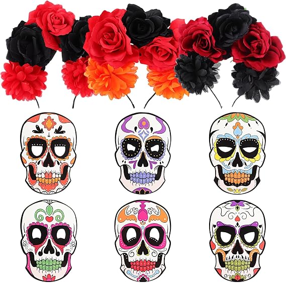 Hoteam 3 Pcs Day of the Dead Headbands and 6 Pcs Sugar Paper Mask Skull, Dia De Los Muertos Decorations Mexican Rose Flower Crown for Halloween Women Adult Cosplay Costume - skull headband
