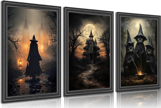 3pcs Halloween Canvas Wall Art Dark Academia Scary Witch Black Cat Castle Posters Prints Thriller Horror Gothic Wall Decor Pictures for Halloween Party House Decoration Unframed - skull wall art
