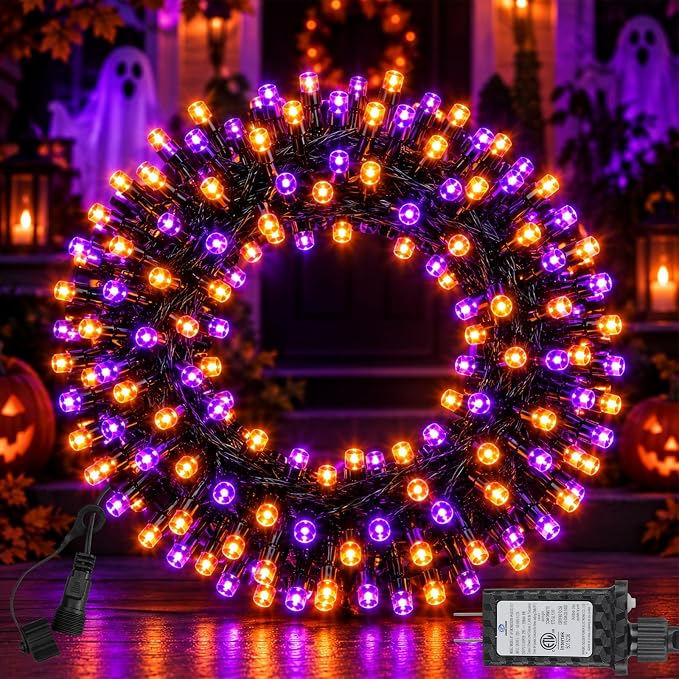 FairyGlim Halloween String Lights Plug in,33FT 100 LED String Lights with 8 Modes & Timer, Halloween Decorations for Party Carnival Supplies, Outdoor Indoor Yard Garden Decor, Purple & Orange - string light
