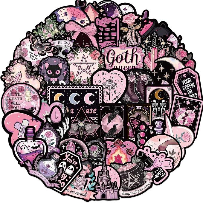 50Pcs Black Pink Aesthetic Gothic Stickers Vinyl Decal for Teen Girl Bike Guitar Phone Skateboard Phone Car Scrapbook Water Bottle Bike Computer Decals Teen Adults (Black) - skull sticker