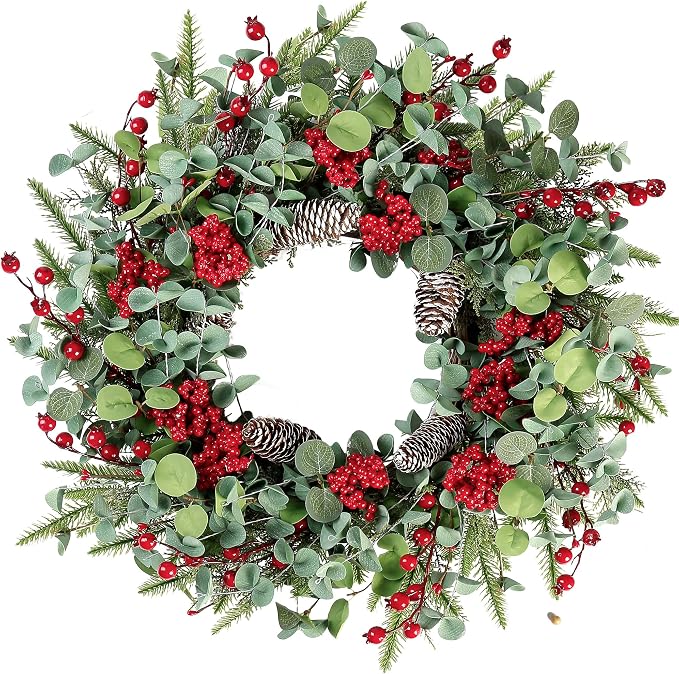 Sggvecsy 22 Inch Artificial Christmas Wreath for Front Door Xmas Red Berry Wreath with Pine Needles Pine Cones Eucalyptus Leaves Christmas Decorations for Winter Wall Outdoor Home Holiday Xmas Decor - skull wreath