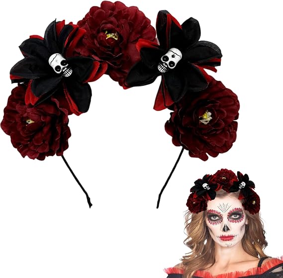 Halloween Skull Rose Headband Gothic Flower Hair Hoops Dead Flower Crown Mexican Floral Headpiece Cosplay Headwear - skull headband