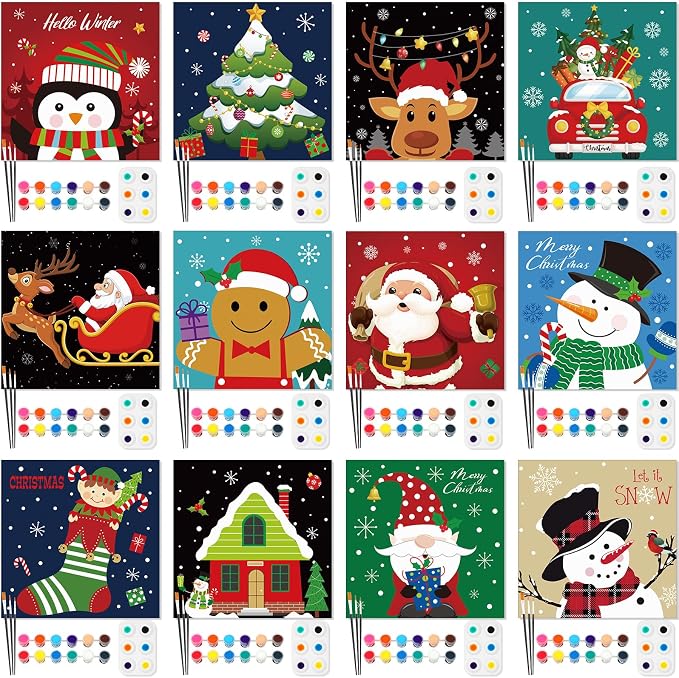 Ctosree 12 Pack Paint and Sip Kit Pre Drawn Canvas, Cute Xmas, 8x8'' - skull painting