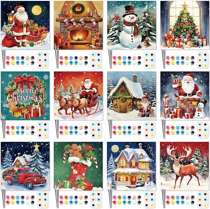 Ctosree 12 Pack Paint and Sip Kit Pre Drawn Canvas, Classic Xmas, 8x8'' - skull painting