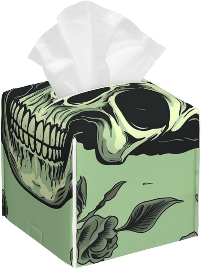 Tissue Box Cover Leather Tissue Box Holder Square Facial Tissue Holder for Bathroom Modern Decorative Tissue Box Organizer Skull on Light Green Background Car Tissue Holder for Home Office