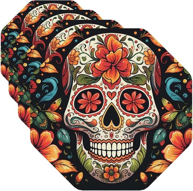 Coasters for Drinks Drink Coaster set of 4 Leather Coasters Colorful Sugar Skull Coaster PU Beverage Cup Mat Heat Resistant Cup Mat for Coffee Table Home Decor Tabletop Protection Mats Octagon - skull coaster