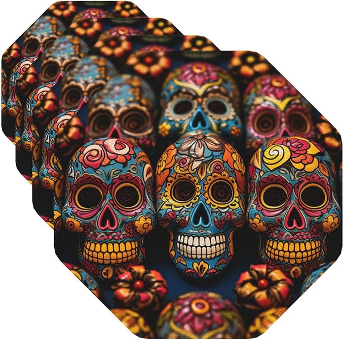 Coasters for Drinks Drink Coaster set of 4 Leather Coasters Colorful Sugar Skulls Coaster PU Beverage Cup Mat Heat Resistant Cup Mat for Coffee Table Home Decor Tabletop Protection Mats Octagon - skull coaster
