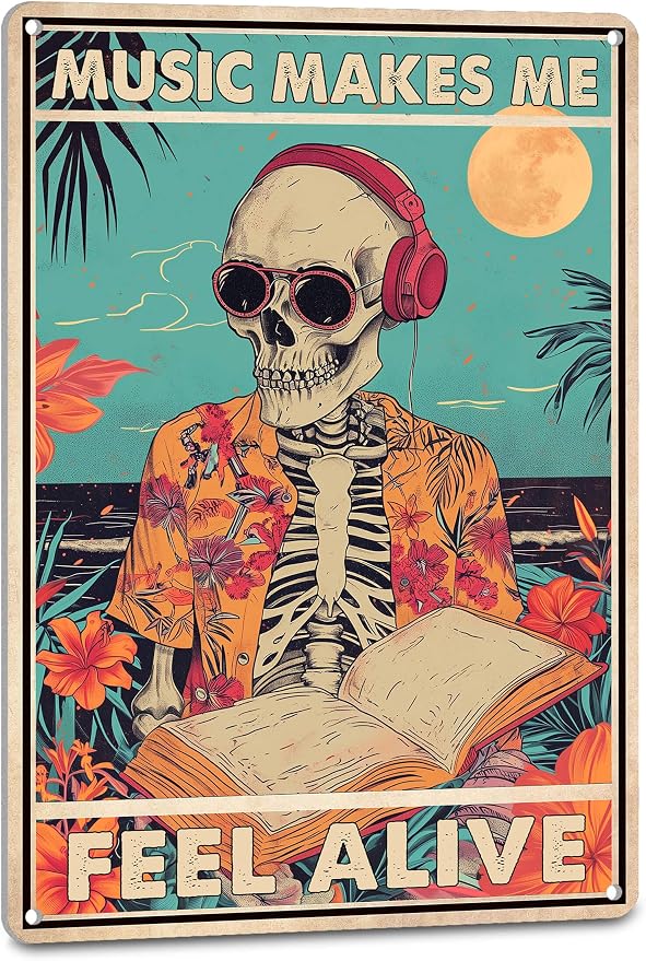 NAGLAI Music Room Wall Decor, Music Makes Me Feel Alive Hippie Skull Sign