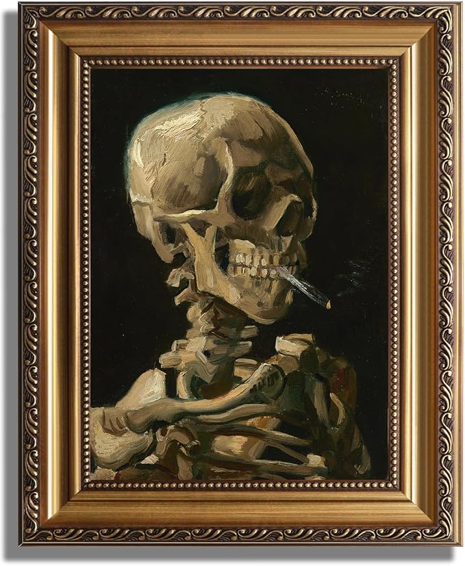 KBKBART Gold Framed Skull of a Skeleton with Burning Cigarette Wall Art - skull wall art
