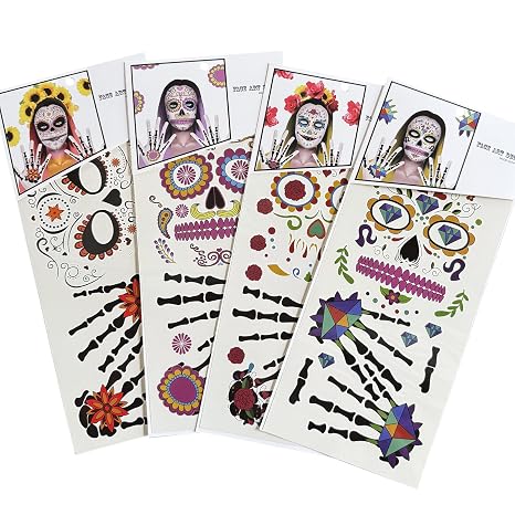 Day of Dead Face Tattoos, Sugar Skull Tattoo Sticker - sugar skull makeup