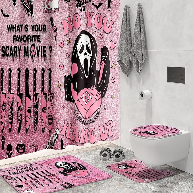 4 Pcs Pink Horror Shower Curtain Set with Rugs,Halloween Bathroom Decor - skull toilet mat