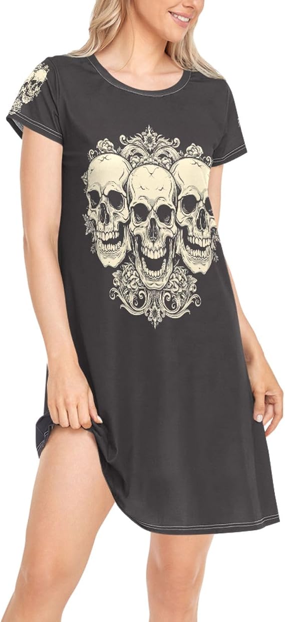 Daily Beautiful Chic Pattern Women's Girls Comfy Nightgown Short Sleeve Nightshirts Loose Loungewear PJ Dress S-XXL - sugar skull dress