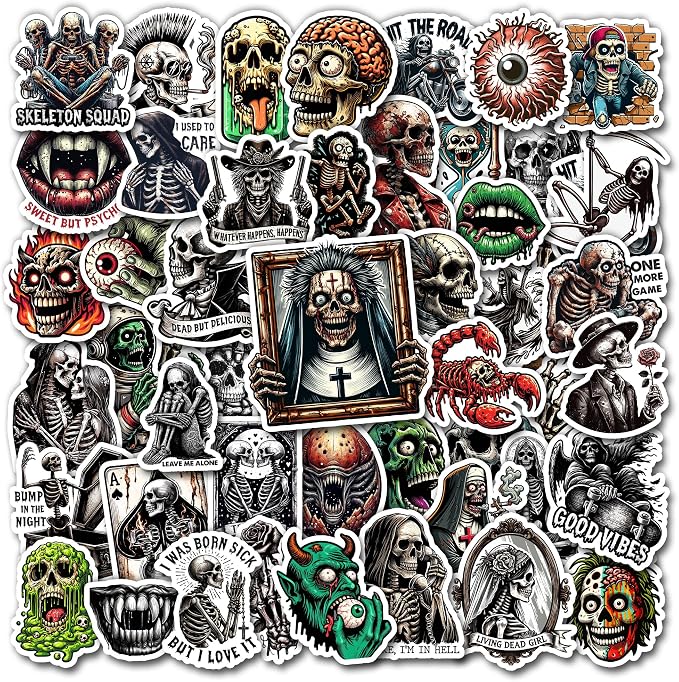 Pack 50 PCS Horror Goth Skull Stickers Halloween Scream Vinyl Decals Waterproof Decor Water Bottles Laptop Skateboard Bike Helmet Scrapbook Luggage Gift for Teens Adults - skull sticker