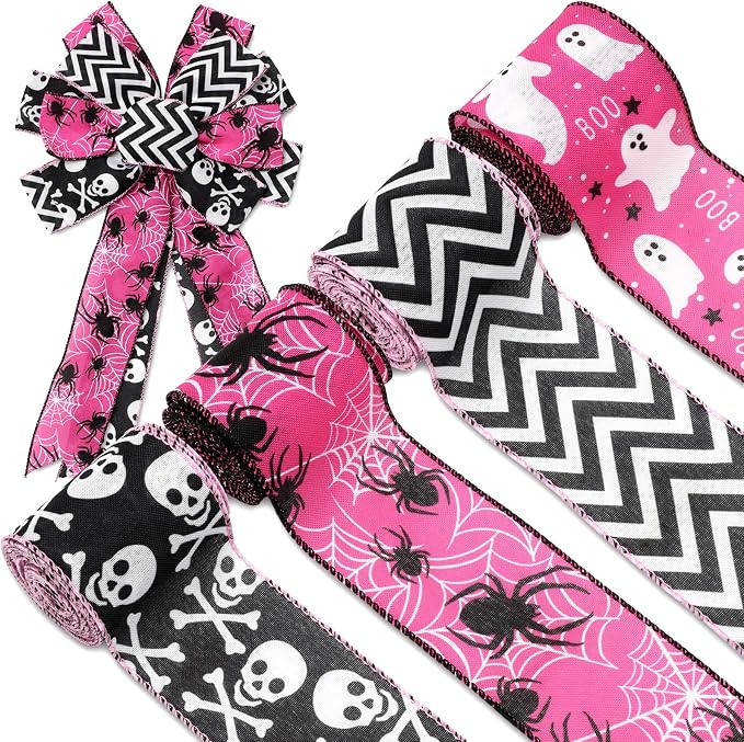 JarThenaAMCS Halloween Wired Edge Ribbons Ghost Skull Fabric Ribbons Pink Black Wrapping Ribbon for DIY Crafts Wreath Bow Making Supplies, 4 Rolls, 24 Yard - skull wreath