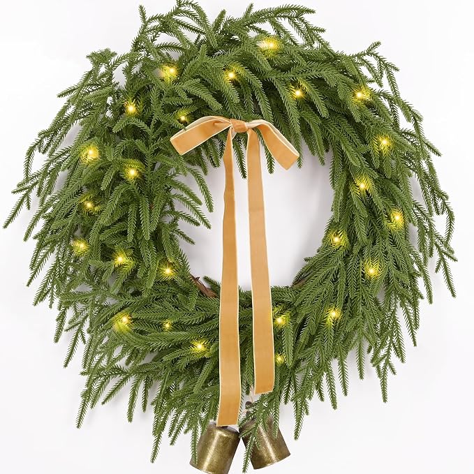 Christmas Wreath -24 Inch Real Touch Norfolk Pine Wreath for Front Door, Christmas Wreath with Lights, Greenery Wreath with Ribbon Bell for Home Table Wall Window Indoor Outdoor Christmas Decoration - skull wreath